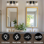 LOUSACE Bathroom Light Fixtures Black and Gold, 3 Light Bathroom Vanity Light, Modern Bathroom Light over Mirror with Clear Glass Shades, Brushed Gold Socket Wall Vanity Lighting Fixtures for Bathroom