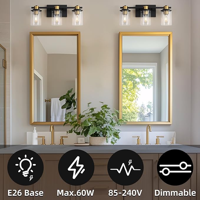 LOUSACE Bathroom Light Fixtures Black and Gold, 3 Light Bathroom Vanity Light, Modern Bathroom Light over Mirror with Clear Glass Shades, Brushed Gold Socket Wall Vanity Lighting Fixtures for Bathroom