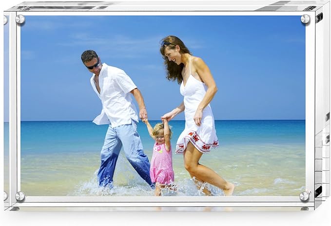 Acrylic Picture Frames, 4x6 inch Clear Double Sided Block Set, Desktop Frameless Magnetic Photo Frame