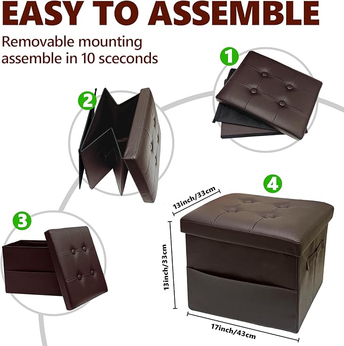 ALASDO Storage Ottoman Footrest Stool Small Ottoman with Storage Foldable Ottomans Foot Rest Footstool Bench for Living Room 17x13x13inches Brown