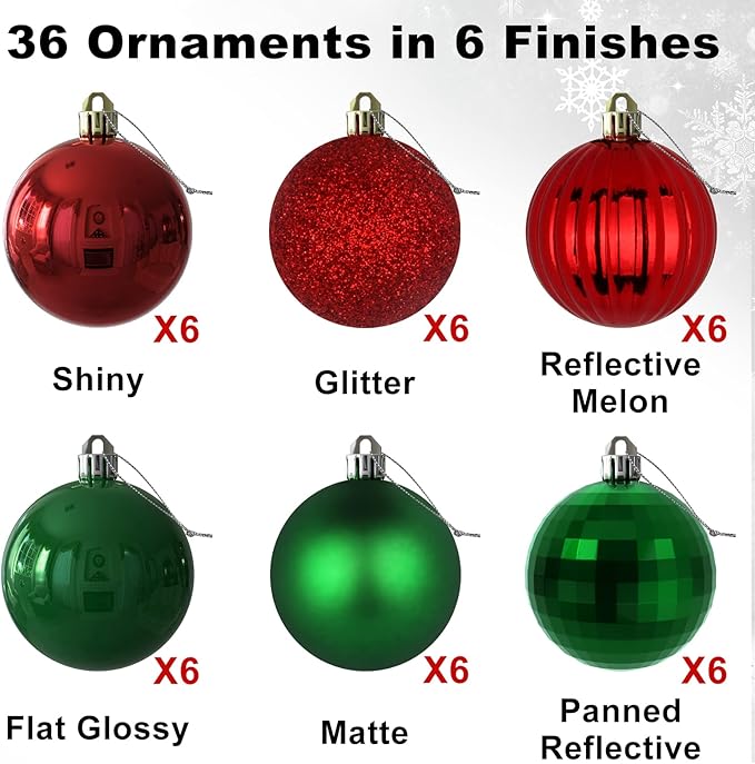 Red & Green 1.6" Small Christmas Balls Christmas Tree Decoration Ornaments Shatterproof Hanging Balls for Birthday Halloween Holiday Wedding Decorations Set of 36pcs
