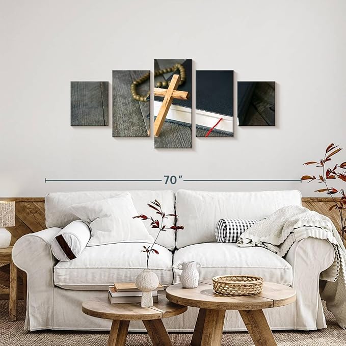 Elephant Stock Cross Canvas - 5 Panel Christian Pictures Decor - Canvas Print Wall Decor - Christian Cross Wall Art - 55" X 24"