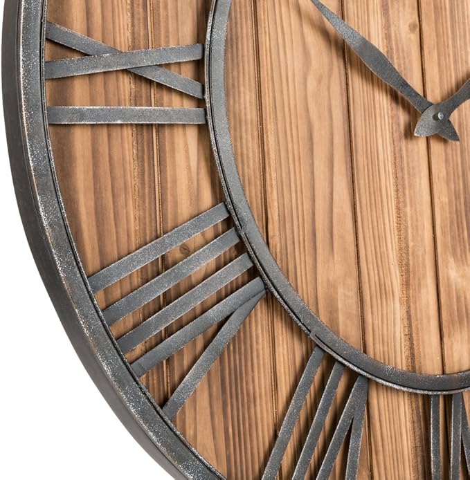 Oldtown Rustic Farmhouse Metal & Solid Wood Noiseless Wall Clock (Wood, 30-inch)