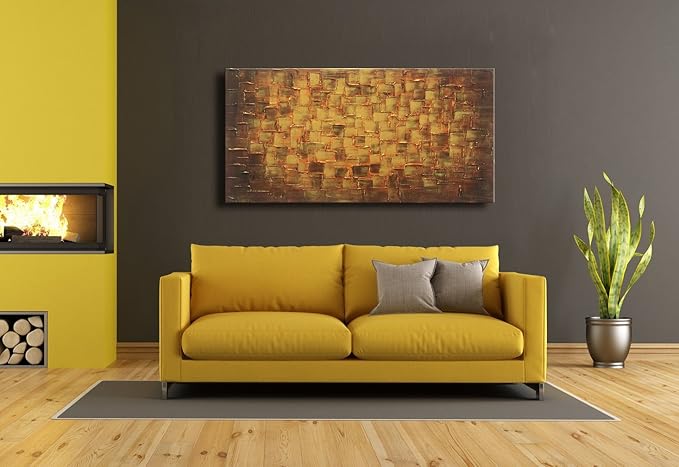 MyArton Textured Abstract Squares Canvas Wall Art Hand Painted Modern Golden Yellow Oil Painting for Decoration Ready to Hang 48x24inch
