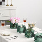 Square Glass Vases Set of 4, 5" x 5" x 5" Green Flower Vases for Centerpieces, Square Vase for Flowers, Small Vase for Wedding, Party, Home Office Decoration