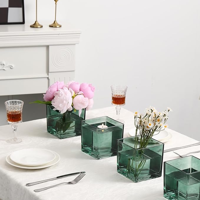 Square Glass Vases Set of 4, 5" x 5" x 5" Green Flower Vases for Centerpieces, Square Vase for Flowers, Small Vase for Wedding, Party, Home Office Decoration