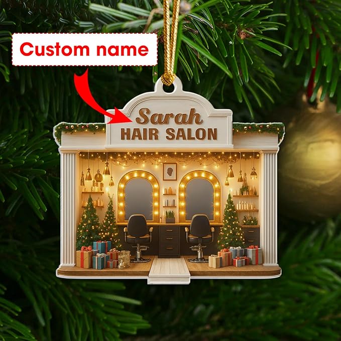 Personalized Hair Salon Christmas Ornament 2025, Custom Acrylic Flat Ornament, Holiday Tree Decor, Gift for Hairdresser, Hairstylist & Salon Owner