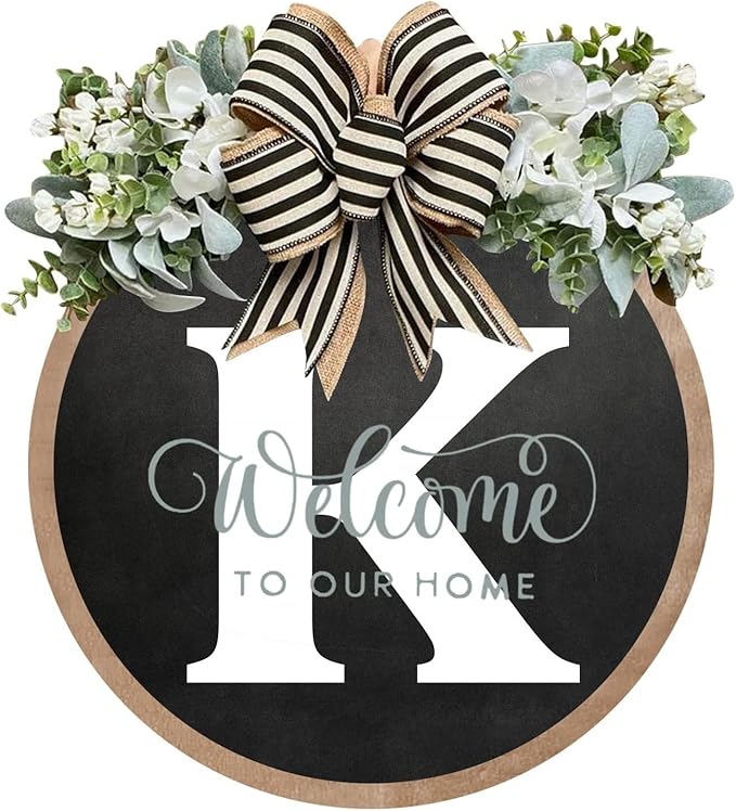 Circular Surname Front Door Welcome Sign - 26 Letter House Wreath, Front Porch Decorations, Year-Round Home Decor (K)