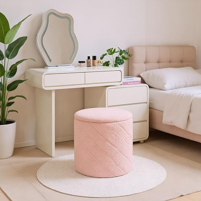 17" Foldable Boucle Round Storage Ottoman,Space-Saving Footrest/Seating/Coffee Table for Small Apartments,Dorms & Bedrooms-Pink