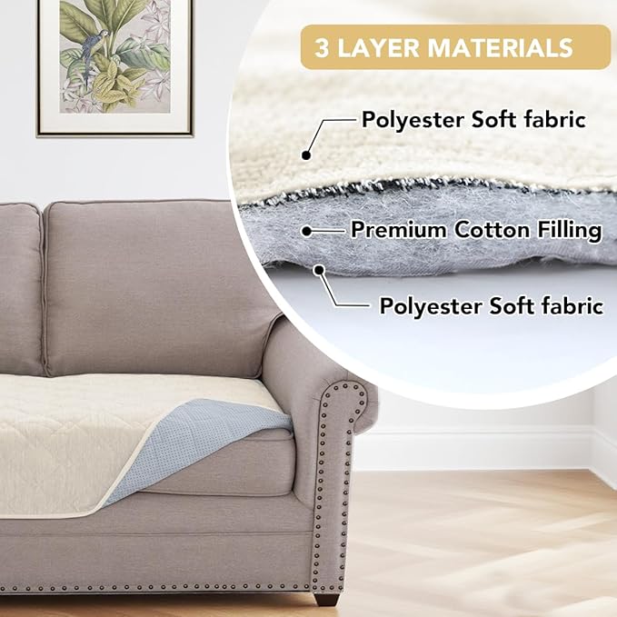 H.VERSAILTEX Couch Cover Chenille Pet Fuzzy Sofa Covers for 3 Cushion Couch Anti Slip Washable Sofa Slipcovers with Strap Soft Couch Protector Cover for Dogs Cats Kids(36" x 82", Ivory)