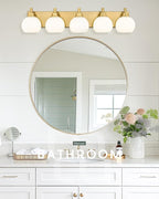 Bathroom Light Fixtures, 5-Light Brushed Gold Bathroom Vanity Lights Over Mirror with Globe Milk White Glass Shade, 32 Inch Modern Vanity Lighting Fixtures, VL195-BG-ML-5