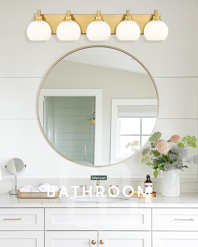 Bathroom Light Fixtures, 5-Light Brushed Gold Bathroom Vanity Lights Over Mirror with Globe Milk White Glass Shade, 32 Inch Modern Vanity Lighting Fixtures, VL195-BG-ML-5
