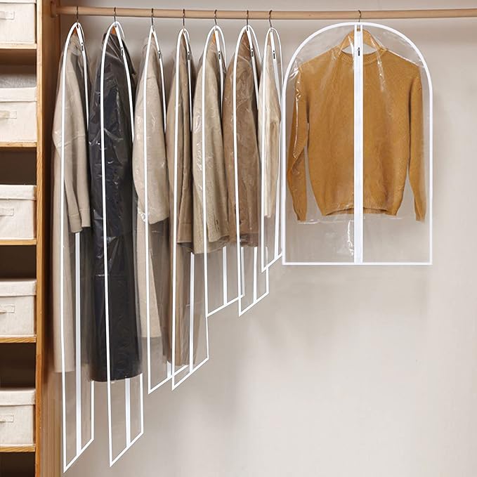 Garment Bags for Hanging Clothes, SMINDER Clear Plastic Bags Full Zipper Suit Bags PEVA Breathable Lightweight Garment Covers for Closet Storage, Suitable for Shirts, Jackets, Gowns (24" x 50"/8 Pack)