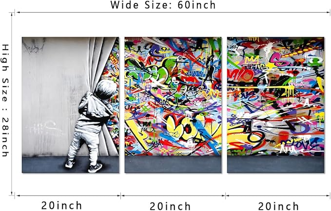 Novatique Banksy Wall Art Street Graffiti Picture Wall Decor Colorful Behind the Scenes Graffiti Poster Print Framed Ready to Hang Suitable for Living Room Office, 20" x 28" x 3Pcs