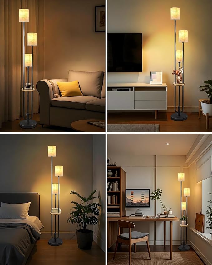 Lightdot 64Inch Floor Lamp with Table Dimmable Black Floor Lamp for Living Room 3 Lights Mid Century Modern Tall Standing Lamp with Fabric Shade for Bedroom/Sofa Beside/Corner Decor(Bulbs Included
