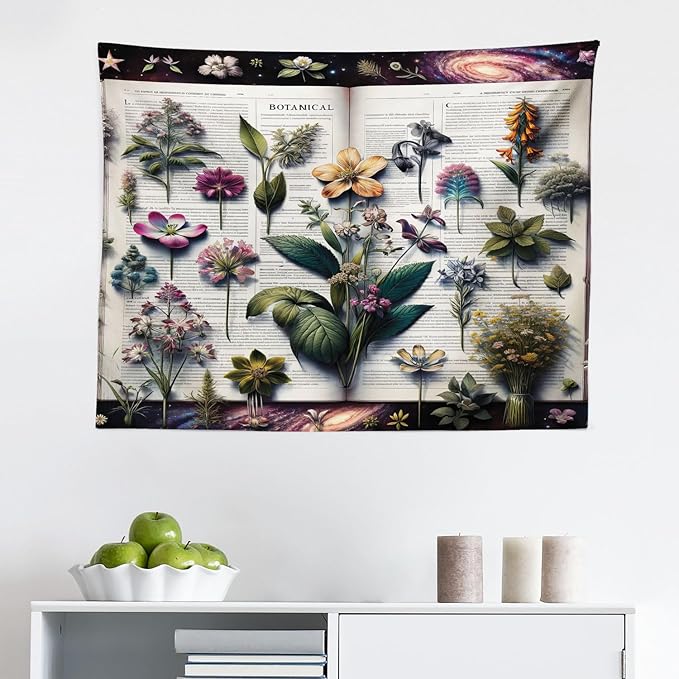 Ambesonne Botanic Tapestry, Wildflowers on an Open Vintage Book with Galactic Milky Way Swirls, Fabric Wall Hanging Decor for Bedroom Living Room Dorm, 28" X 23", Forest Green and Multicolor
