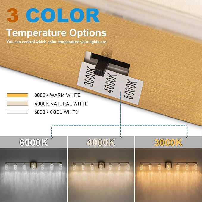 SineRise 7-Light Gold Vanity Light with 3 Color Modes (3000K/4000K/6000K), Eye Protection LED Bathroom Light Fixture, Dimmable Modern Wall Light Over Mirror with Clear Glass Shade