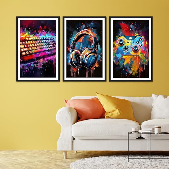 Novatique Cool Gaming Wall Art Game Room Decor Posters Colorful Neon Gamepad Canvas Painting Prints for Bedroom Living Room,16" x 24" x 3Pcs