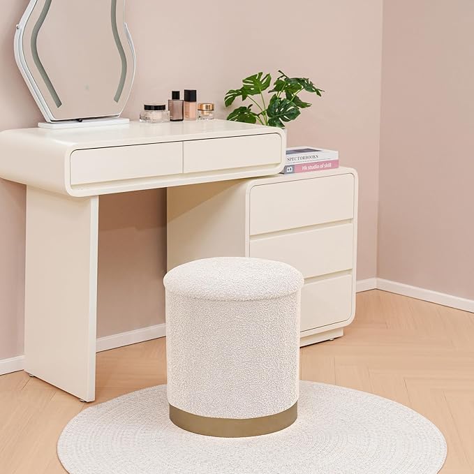 Round Storage Ottoman with Reversible Tray Top, 16.3" Boucle Ottoman Footrest Stool with Metal Base, Upholstered Vanity Stool with Storage for Living Room Bedroom, White