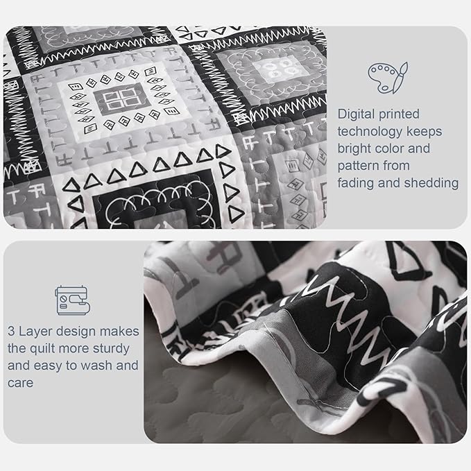 Exclusivo Mezcla Reversible Boho Quilts Queen Size, Black Bedspreads Lightweight Coverlet All Season Patchwork Quilt Bedding Set with Printed Floral Pattern (1 Quilt, 2 Pillow Shams)