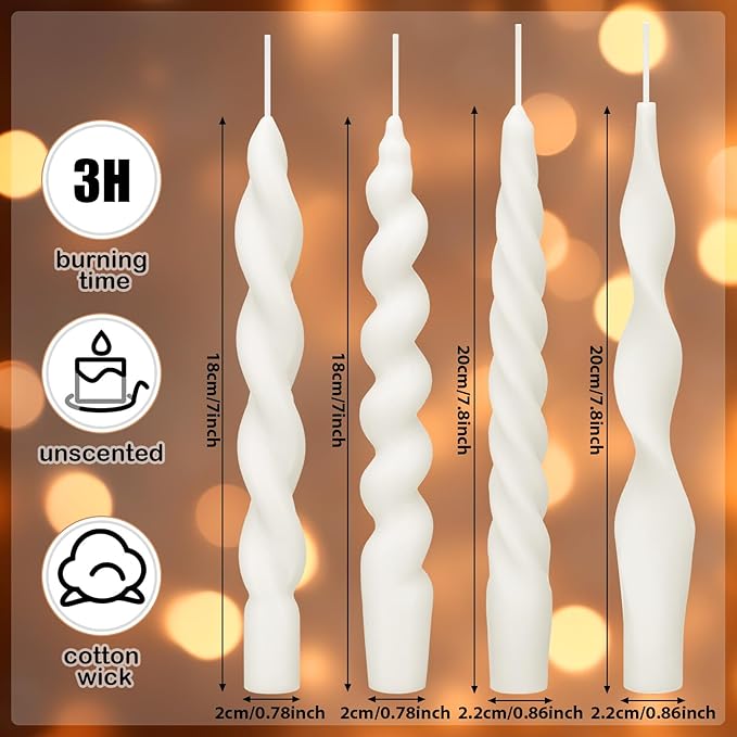 Nuanchu 4 Pcs 7.87 Inch Twisted Taper Candles Wax Unscented Smokeless Spiral Swirl Candlesticks for Wedding Holiday Dinner Party Home Decorations(White)