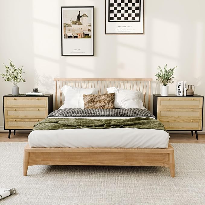 3 Drawer Storage Rattan Dresser, Boho Dresser Chest for Bedroom Hallway Living Room, Black