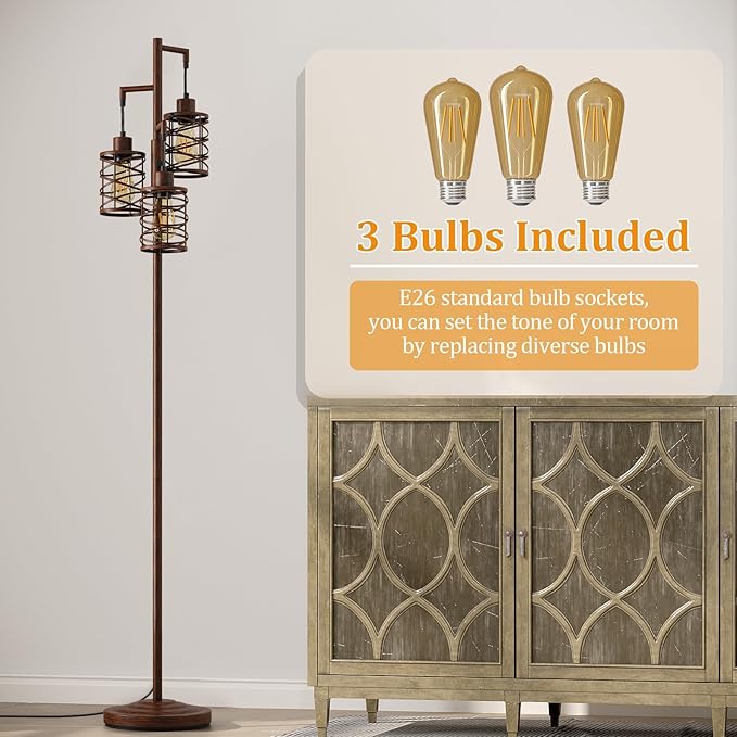 Oneach 70" Industrial Floor Lamp, Stepless Dimmable Standing Lamp with 3 Bulbs, Farmhouse Corner Standing Tree Lamp for Living Room, Tall Lamps for Bedroom, Office, Study Room, Dining Room