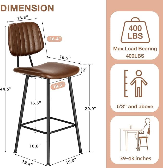 29-Inch Leather Bar Stools Set of 3, Counter Height Barstools with High Backrest，Bar Chairs for Kitchen Island with Heavy Duty Metal Legs, Dark Brown