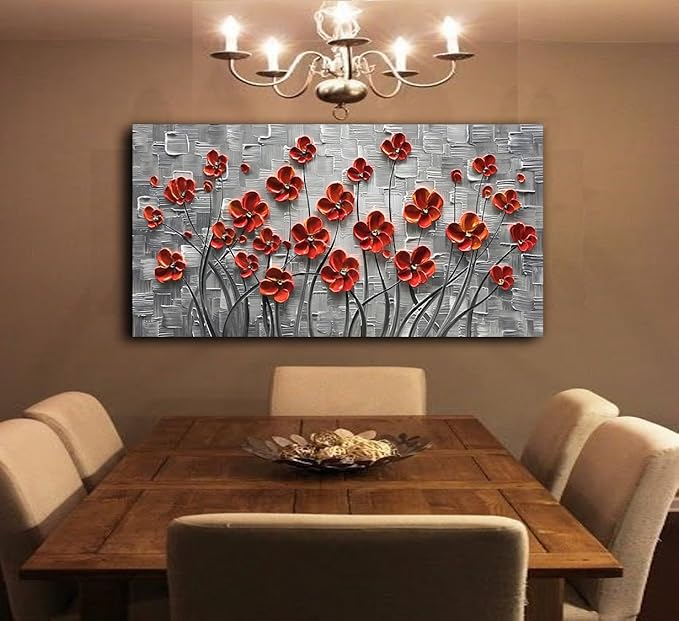 YaSheng Art - Hand painted 3D Oil Paintings On Canvas Red Flowers Paintings Modern Home Decor Abstract Artwork Canvas Wall Art Paintings,Stretched and Framed Ready to Hang 24x48inch