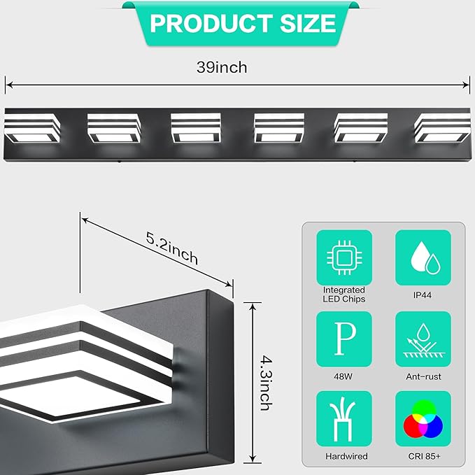 SOLFART Modern Black Vanity Lights Fixtures: 6 Lights Acrylic LED Matte Black Vanity Lights for Bathroom 39inch