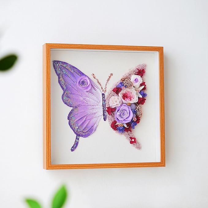 ADDWel Preserved Rose Butterfly Shadow Box - Romantic Valentine's Day Gifts for Mom Wife Girlfriend, 12x12 Handmade Forever Flower Wall Art, Unique Anniversary Birthday Purple Gifts