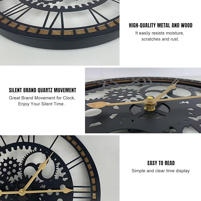 16 Inch Wall Clock, Gear Clock, Silent Non Ticking, Battery Operated Large Wall Clocks for Living Room Decor, Kitchen, Office (Vintage Industrial Steampunk)