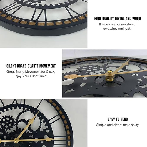 16 Inch Wall Clock, Gear Clock, Silent Non Ticking, Battery Operated Large Wall Clocks for Living Room Decor, Kitchen, Office (Vintage Industrial Steampunk)