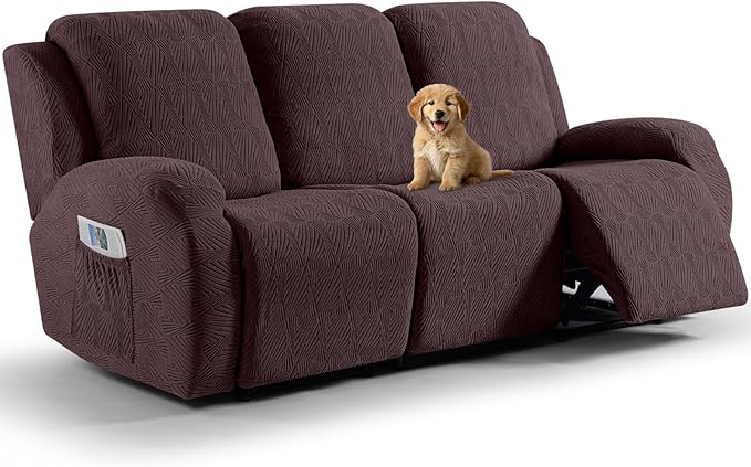 VANSOFY Recliner Couch Cover, 8-Pieces Stretch Recliner Sofa Cover Soft Jacquard Reclining Slipcover Furniture Protector with Elastic Bottom for Kid, Pets(3 Seat,Dark Coffee)