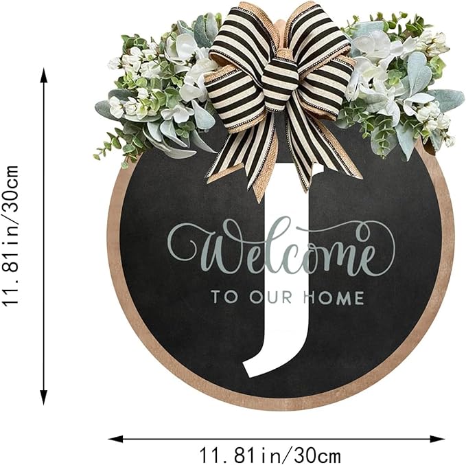 Circular Surname Front Door Welcome Sign - 26 Letter House Wreath, Front Porch Decorations, Year-Round Home Decor (J)