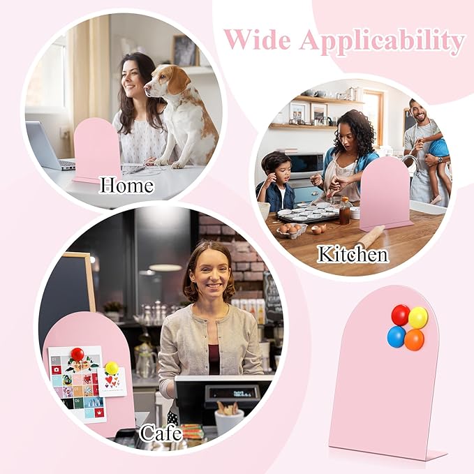 Shimeyao 2 Pcs Pink Magnetic Bulletin Board for Tabletops with 8 Magnets 12 x 8.5 Inch Memo Display Easel Stand for Home Office School Kitchen Table Supplies (Arched)