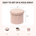 PINPLUS Round Storage Ottoman Cube Footrest - Versatile Boucle & Faux Teddy Fur Stool with Hidden Compartment for Living Room, Dorm, Bedroom - Pink, 15"x15"x13.2"