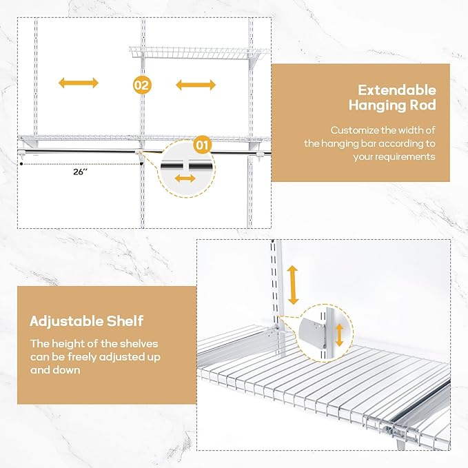 Homde Closet Organizer System Wall Mounted, 4-8 Ft. Adjustable and Expandable Metal Wire Shelving , Custom DIY Wardrobe Kit with Shelf, Clothes Hanging Rods,White