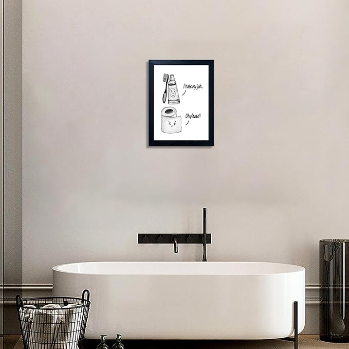 Kids Bathroom Wall Decor Framed Black and White Bathroom Print Funny Toliet Paper and Toothbrush Picture Artwork for Children's Bathroom