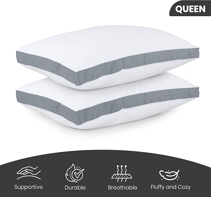 Utopia Bedding Bed Pillows for Sleeping Queen Size (Grey), Set of 2, Soft & Fluffy Pillow with Down Alternative Filling, Cooling, Hotel Quality, Gusseted Pillow for Back, Stomach or Side Sleepers