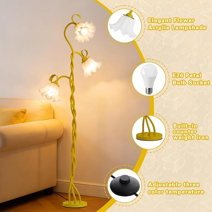 Flower Floor Lamp for Bedroom - 3 Color Temperatures Decorative Flower Tall Floor Reading Lamp with Flexible Neck for Bedroom Living Room Office Corner (Yellow)