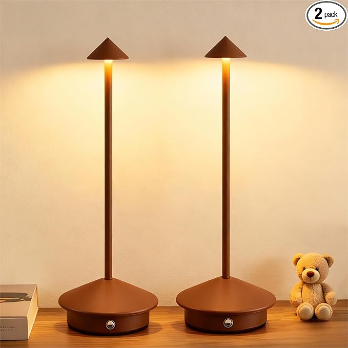 Cordless Table Lamp Set of 2, Rechargeable Portable LED Bedside Touch Lamp 6000mAh Battery Operated, 3 Color Stepless Dimming up, Wireless Battery Lamp for Dining/Outdoor/Bar/Patio/Party (Brown)