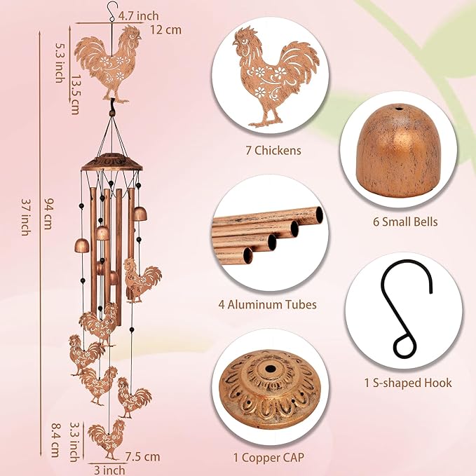 Chicken Wind Chimes for Outside,Metal Windchimes,Chicken Gifts for Women/Men,Wind Chime Garden Decor Outdoor,Memorial/Housewarming/Birthday/Festival Gifts,Front Yard Decor