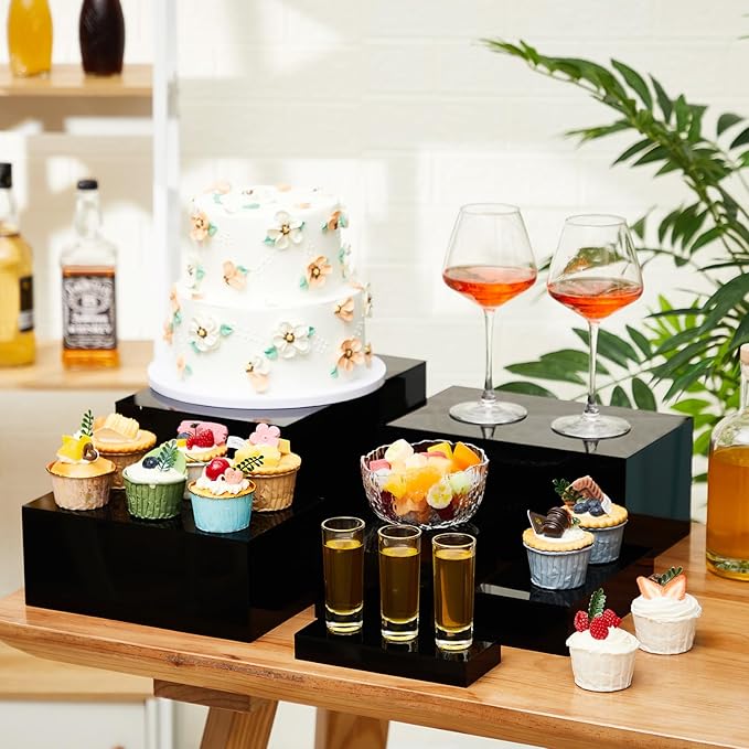 Leinuosen 6 Pcs Large Buffet Risers, 7 to 12 Inch Catering Dessert Table Risers Food Decorative Stands with hollow bottom for Catering Supplies, Party(Black, Rectangle)