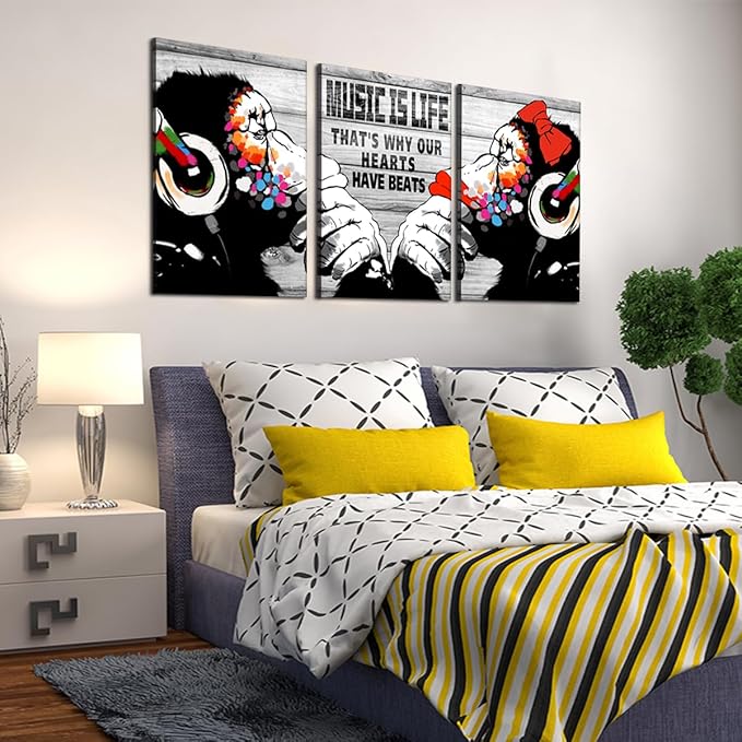 Novatique Banksy Canvas Wall Art Street Graffiti Wall Art Music is Life Animals Painting Print Abstract Painting Pop Art Wall Decor Monkey Graffiti Art for Living Room Bathroom, 20" x 28" x 3pcs