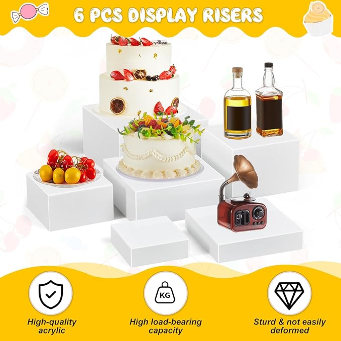 Leinuosen 6 Pcs Large Buffet Risers, 6 to 11 Inch Catering Dessert Table Risers Food Decorative Stands with hollow bottom for Catering Supplies, Party(White, Square)