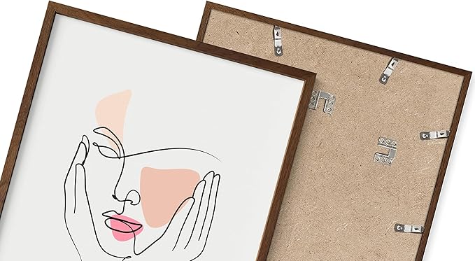 Aesthetic Face Wall Art Hands on Cheeks Continuous Line Drawing Abstract Pink Shapes 11x14 Inch Oak Wood Walnut Framed Modern Portrait for Bedroom Vanity