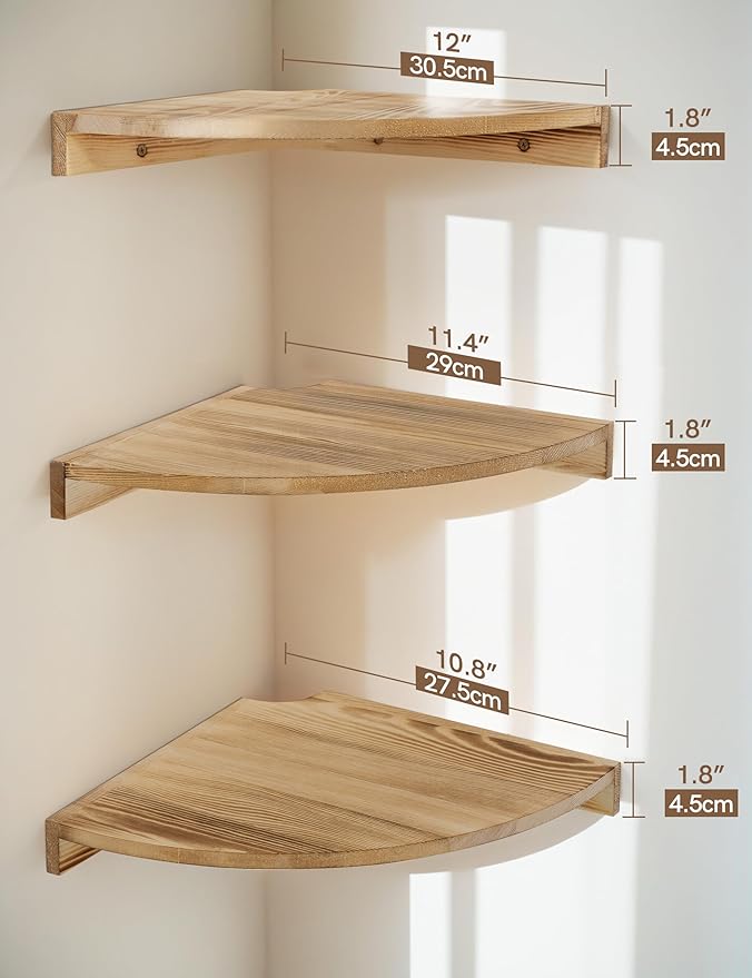 Corner Shelves Wall Mount, Farmhouse Rustic Corner Floating Shelf with Cord Hole, Wooden Storage Organizer Corner Wall Shelves for Kitchen Bathroom Living Room Bedroom Laundry, 12x12 Inch
