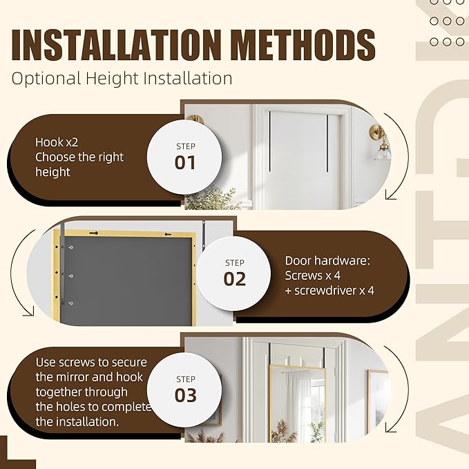 Antok Over The Door Mirror Full Length, 49'' x 14''Wall Mounted Hanging Mirror, Aluminum Alloy Frame, Shatterproof Glass, No Drill Installation for Bedroom, Closet, Bathroom, Dorm, Rect Corner, Gold