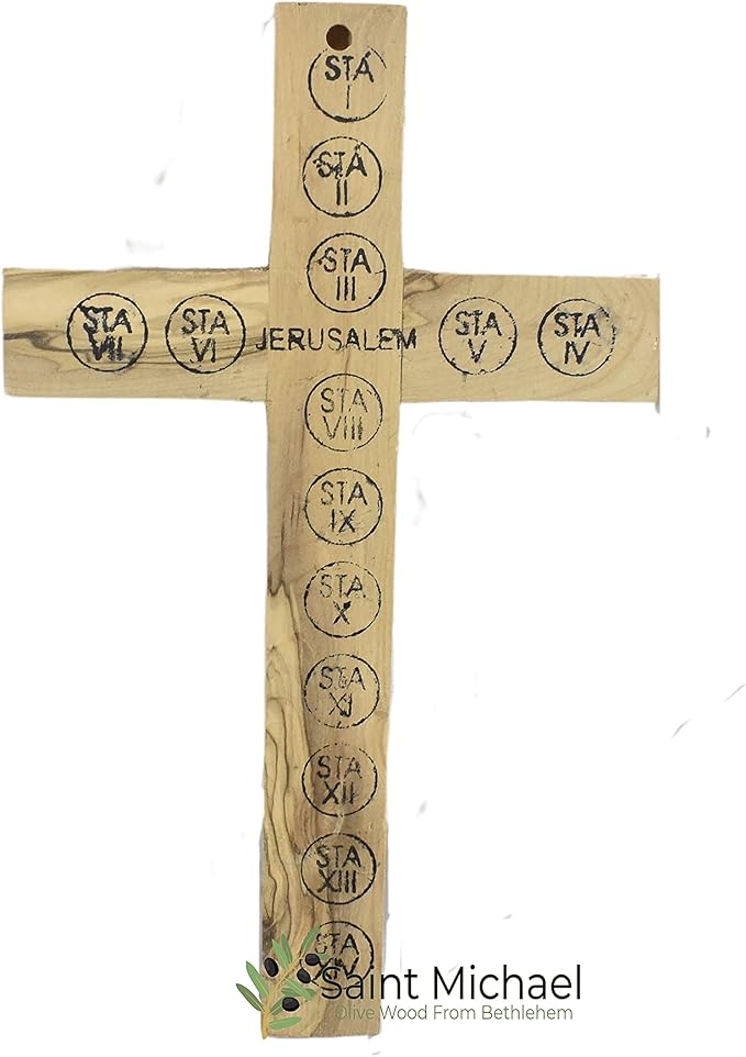 Olive Wood Wall Cross Silver Crucifix with Mother of Peral Design-Bethlehem Star on a Wooden Cross – Made in Bethlehem Holy Land The Place Where Jesus was Born by Christian Craftsmen.